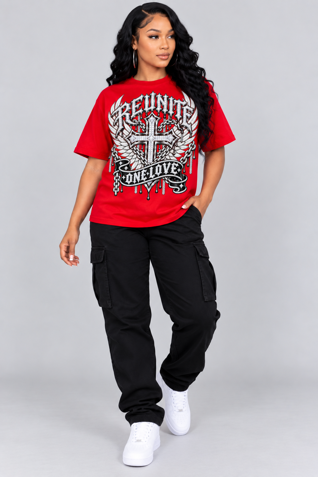 Reunite One Love Diamond Cross Wings & Chain Color red Drop Shoulder T-Shirt