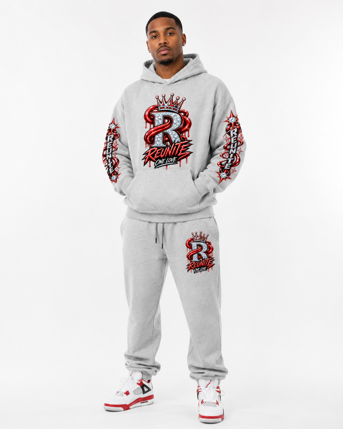 Reunite One Love Crowned Diamond R with Reunite Sleeve print Oversize Fleeced Hoodie