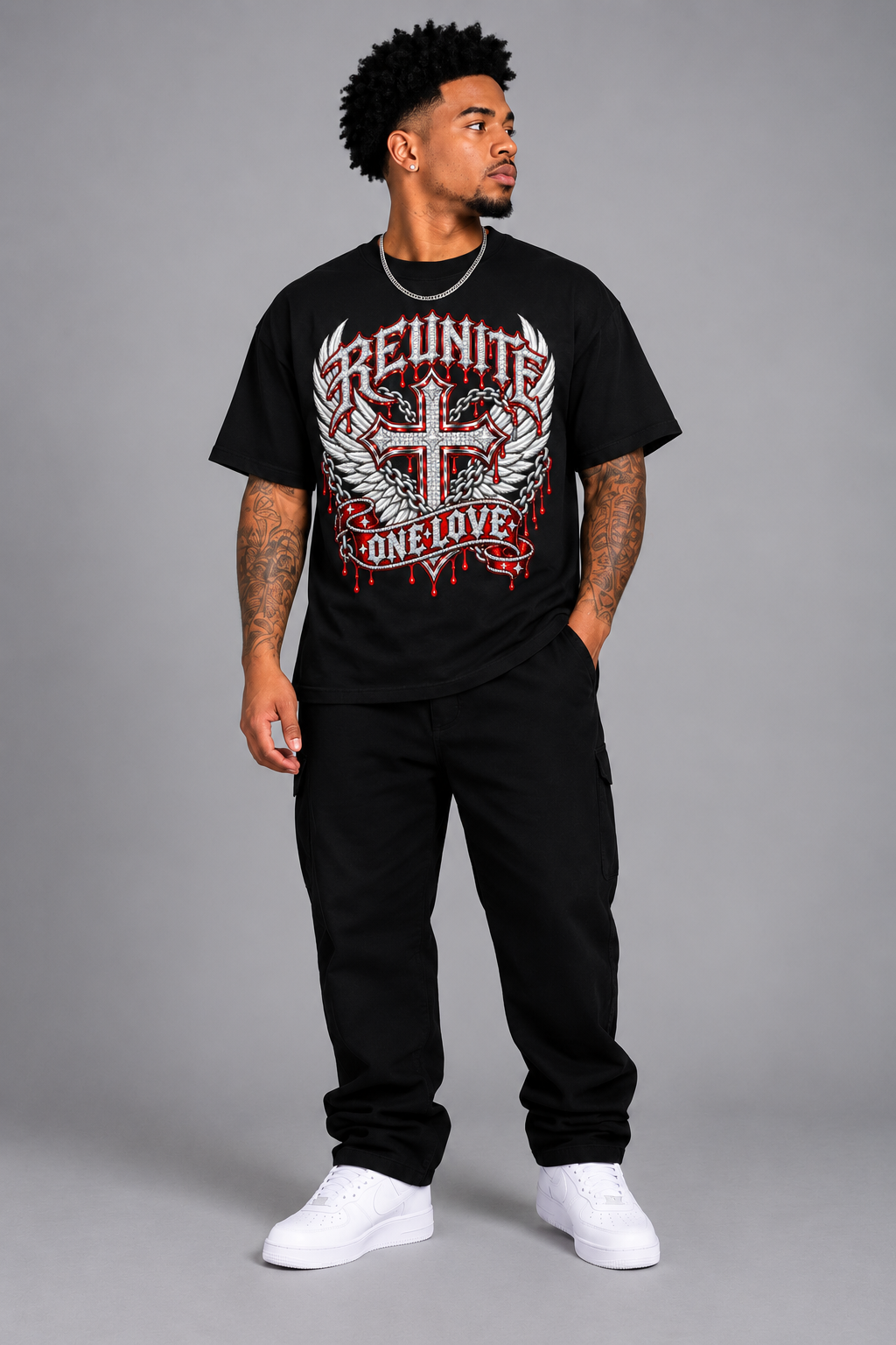 Reunite One Love Diamond Cross Wings & Chain Drop Shoulder T-Shirt