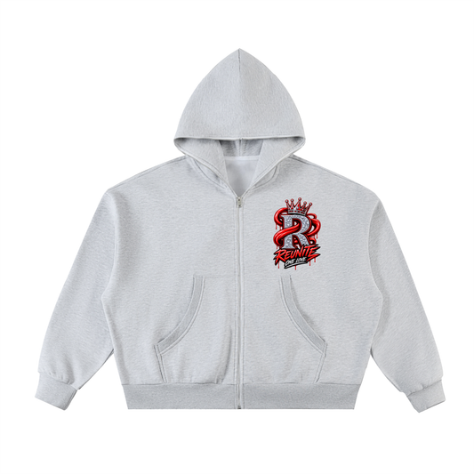 Reunite One Love Crowned R Chest Design  Fleeced Full-Zip Boxy Hoodie