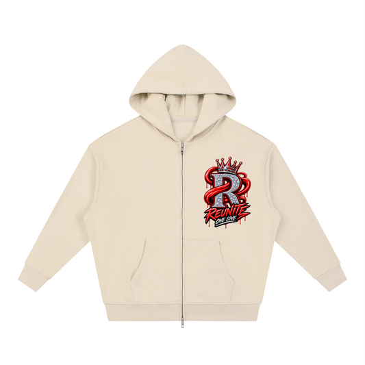 Reunite One Love Crowned R Chest Design  Unisex Loose Solid Full Zip Hoodie