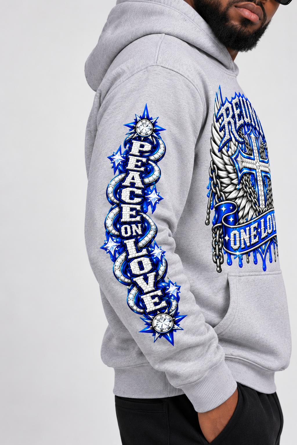 Reunite One Love Diamond Cross & Peace on Love Sleeve  print   pullover  Hoodie.