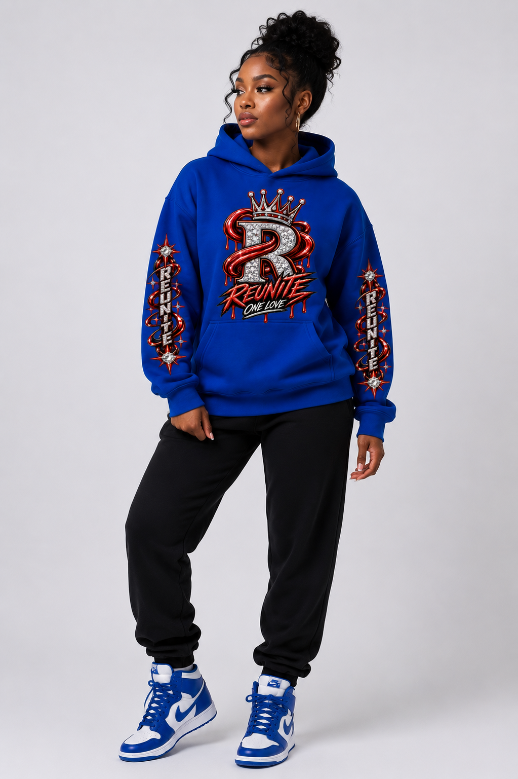 Reunite One Love Crowned Diamond R with Reunite Sleeve   print  Oversize Fleeced Hoodie