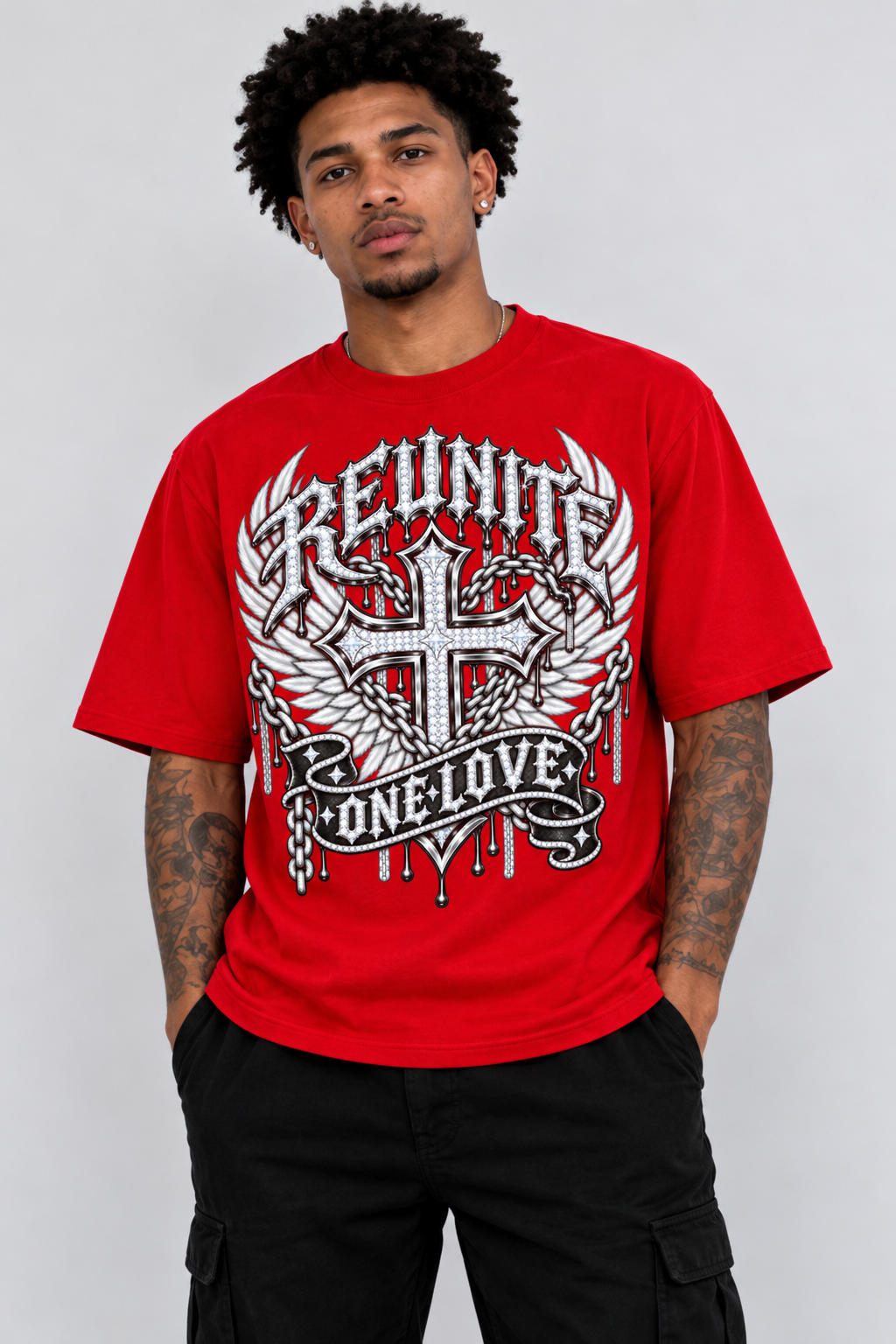 Reunite One Love Diamond Cross Wings & Chain Color red Drop Shoulder T-Shirt