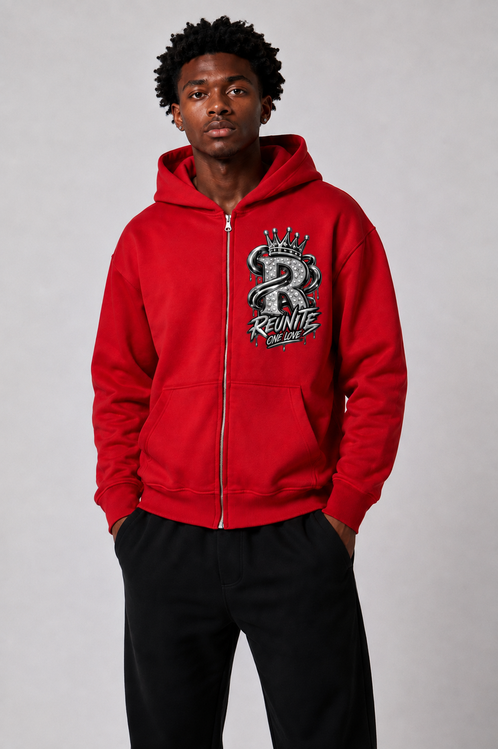 Reunite One Love Crowned R Chest Design    Sunfade Two-way Zipper Boxy Fleece Hoodie