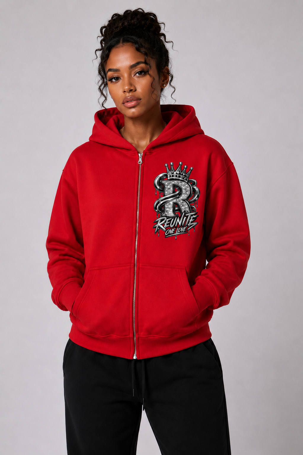 Reunite One Love Crowned R Chest Design    Sunfade Two-way Zipper Boxy Fleece Hoodie