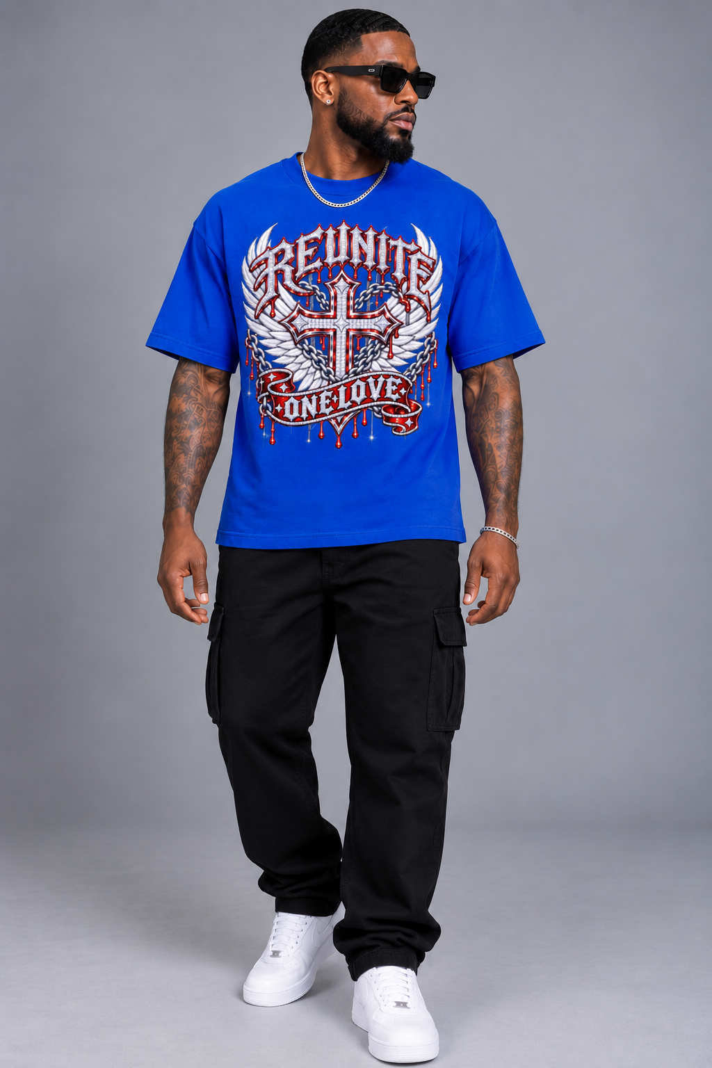 Reunite One Love Diamond Cross Wings & Chain   Snow Washed Oversized Cotton T-Shirt