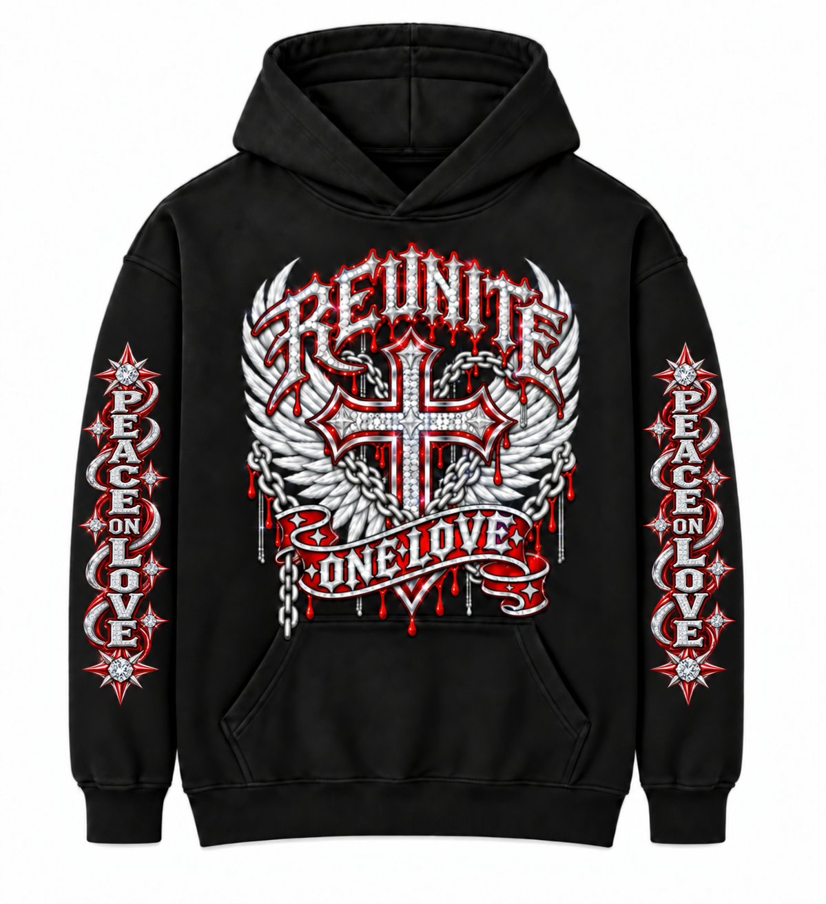 Reunite One Love Diamond Cross & Peace on Love Sleeve  print   pullover  Hoodie.