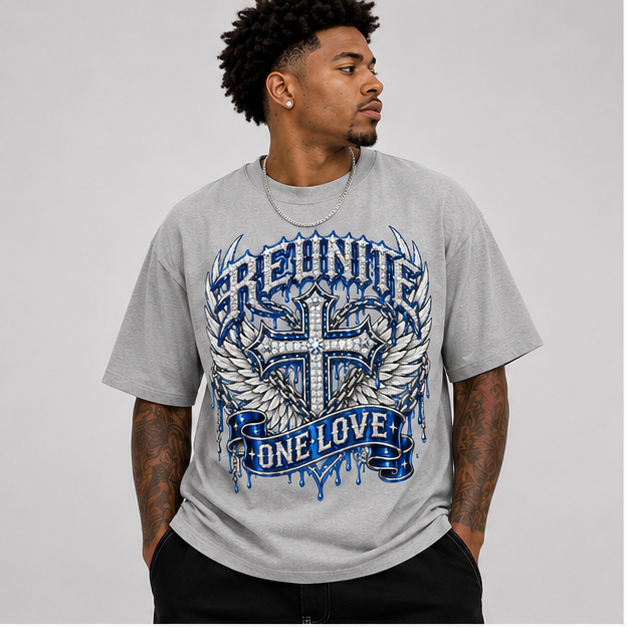 Reunite One Love Diamond Cross Wings & Chain   Snow Washed Oversized Cotton T-Shirt