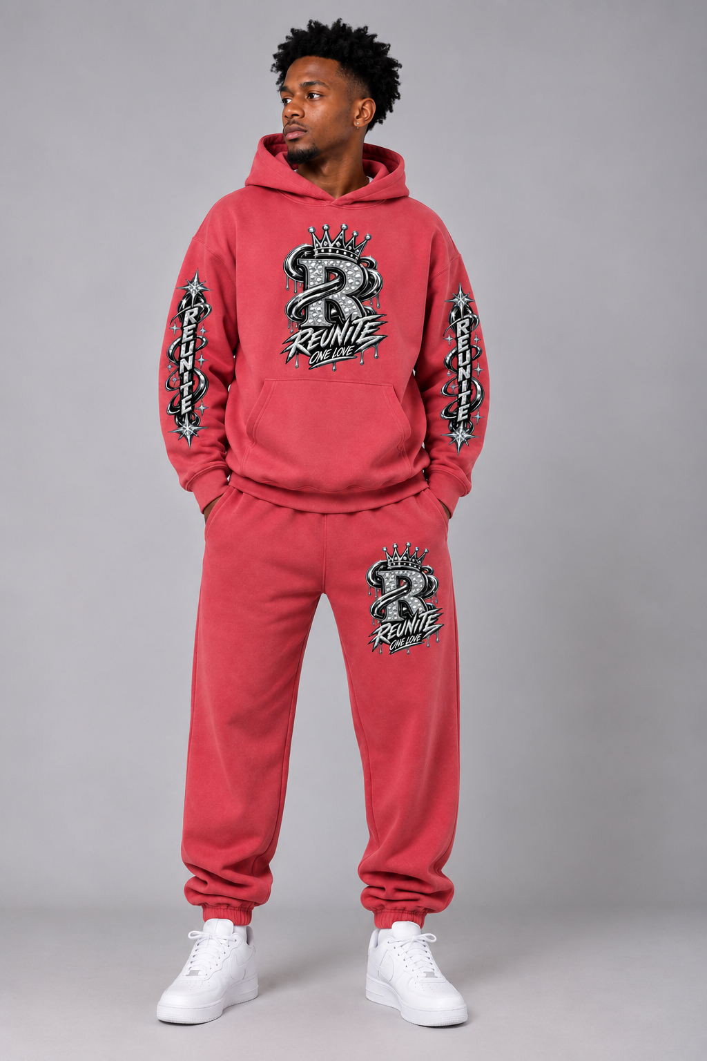 Reunite One Love Crowned Diamond R with Reunite  Sleeve  print Snow Wash Fleece Oversize Hoodie