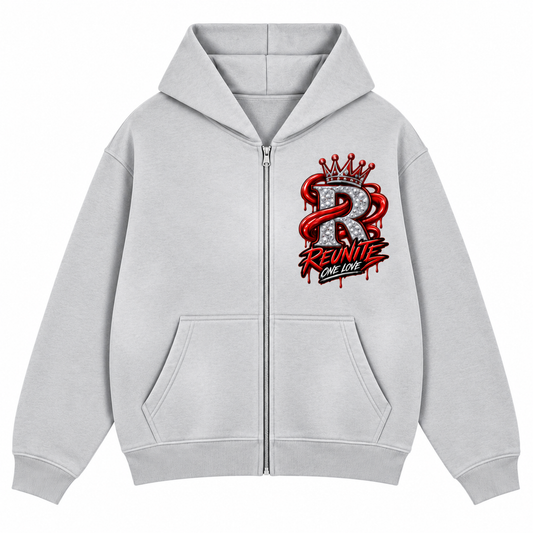 Reunite One Love Crowned R Chest Design  Fleeced Full-Zip Boxy Hoodie