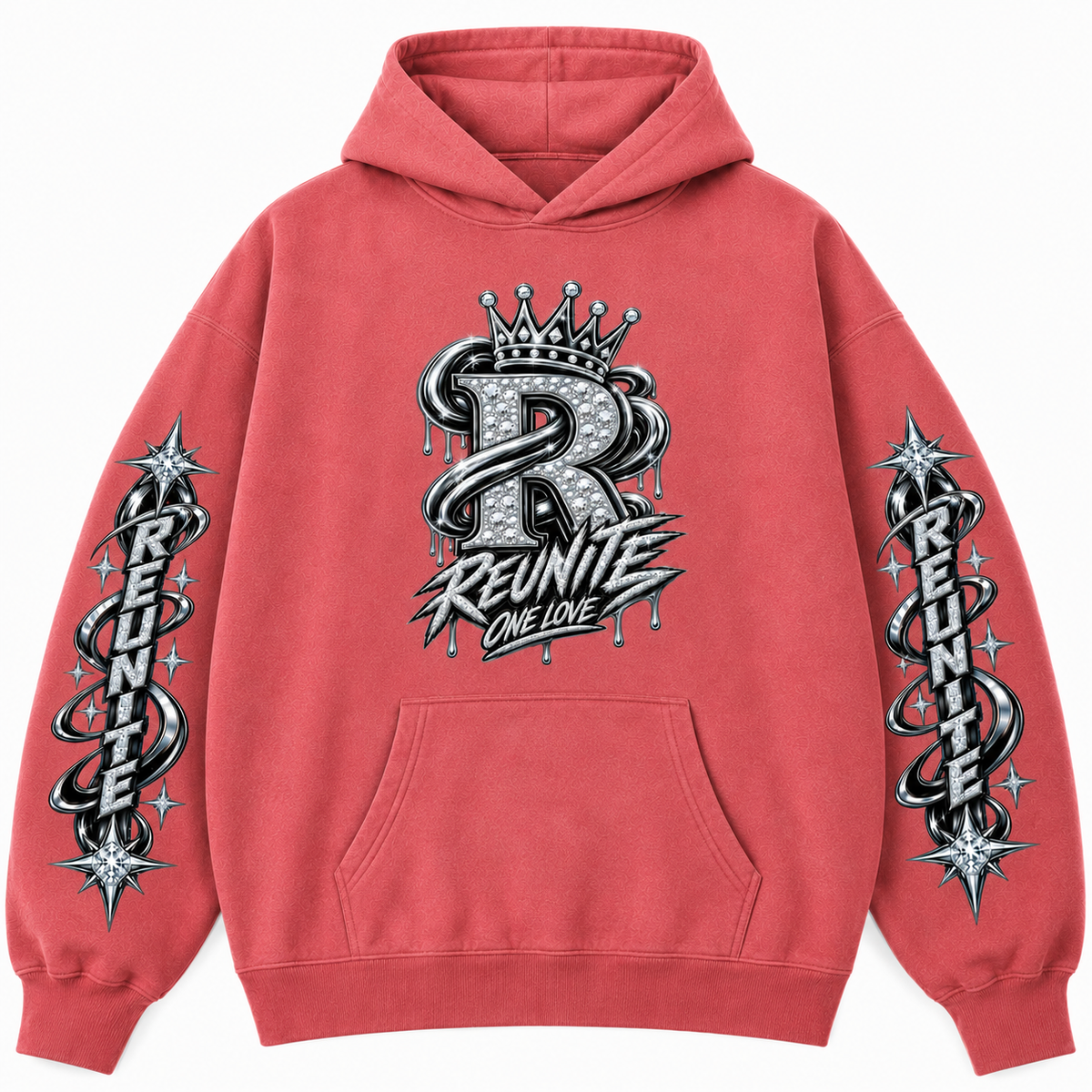 Reunite One Love Crowned Diamond R with Reunite  Sleeve  print Snow Wash Fleece Oversize Hoodie