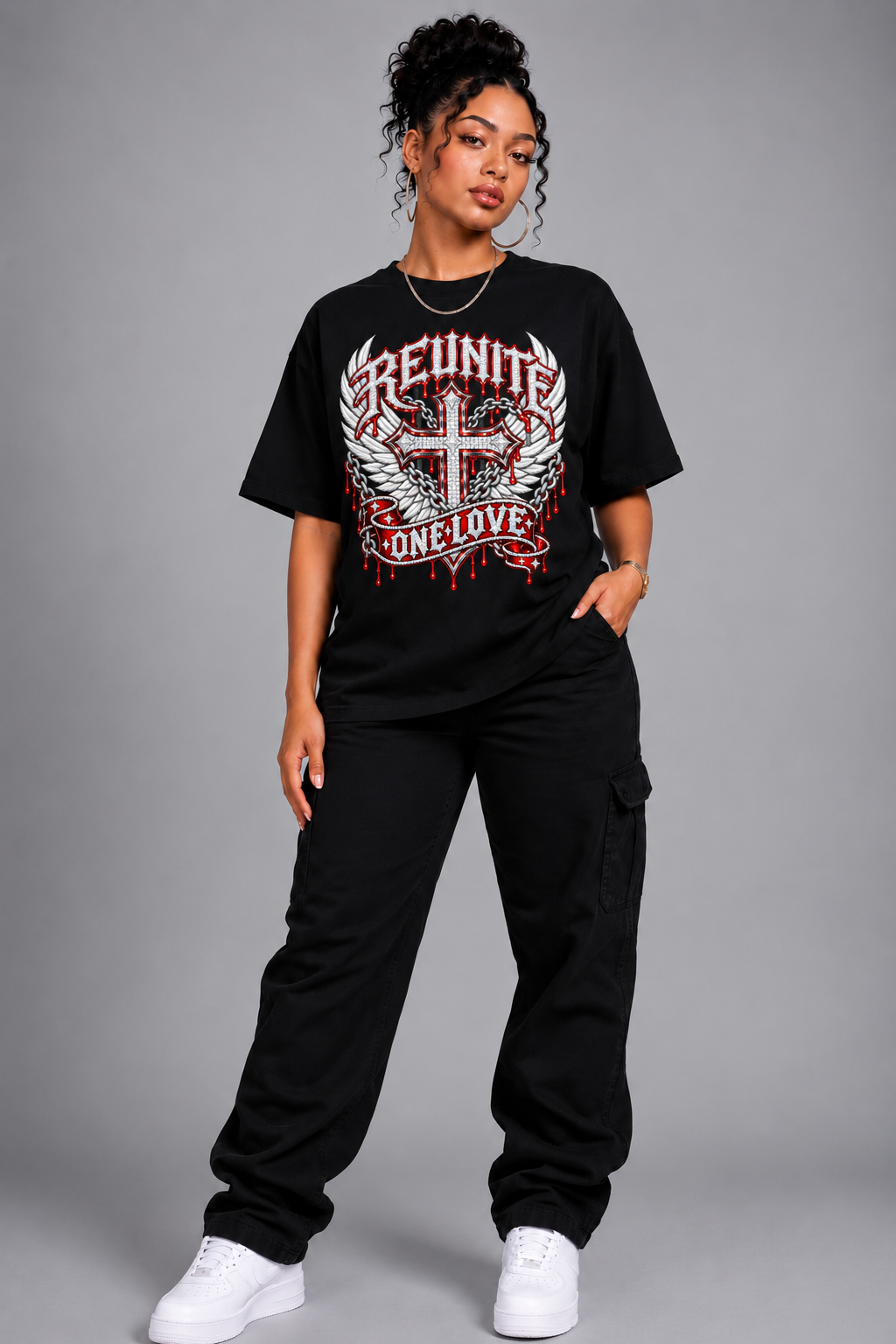 Reunite One Love Diamond Cross Wings & Chain  Drop Shoulder T-Shirt