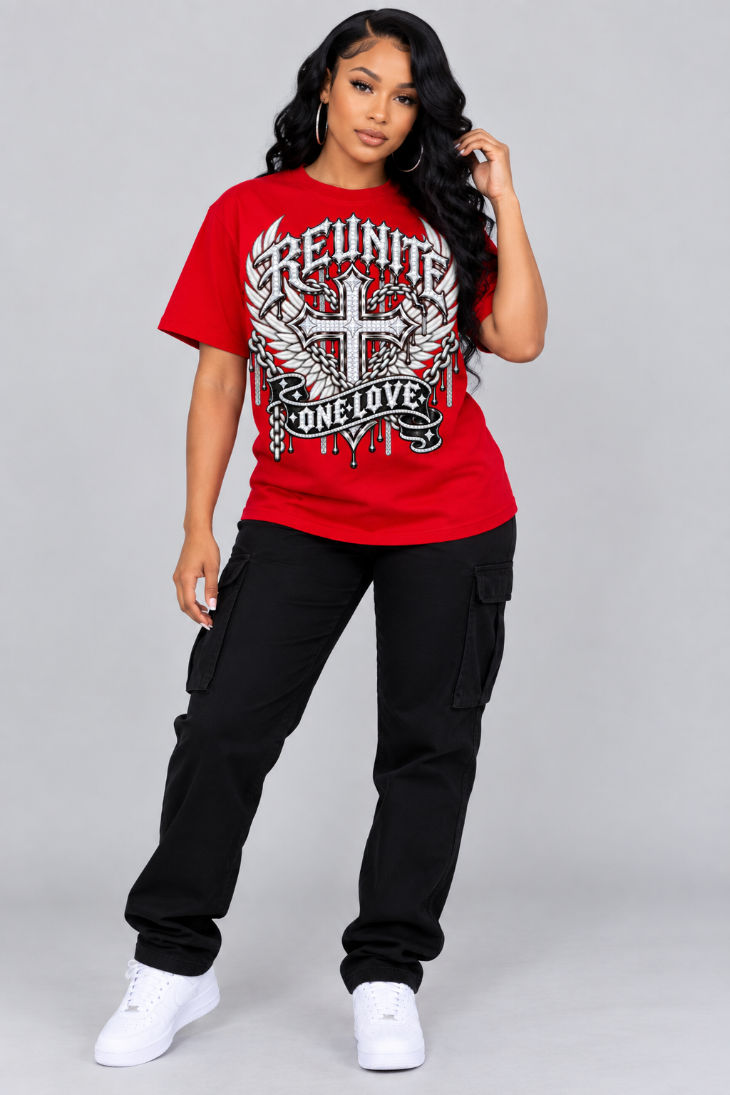 Reunite One Love Diamond Cross Wings & Chain Color red Drop Shoulder T-Shirt