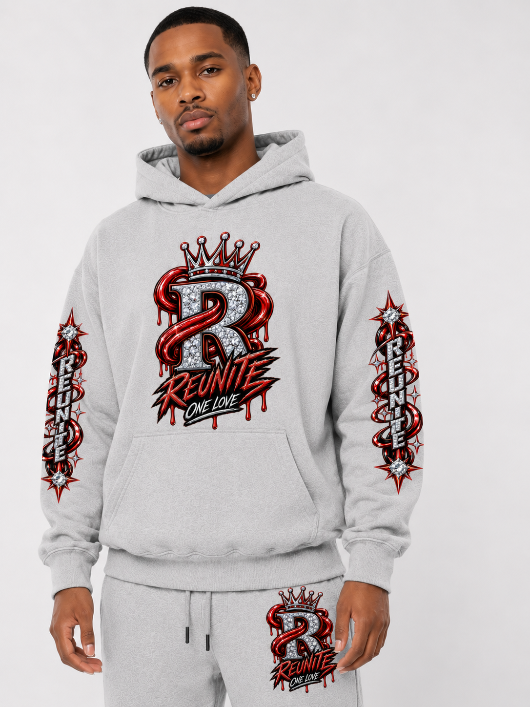 Reunite One Love Crowned Diamond R with Reunite Sleeve   print  Oversize Fleeced Hoodie