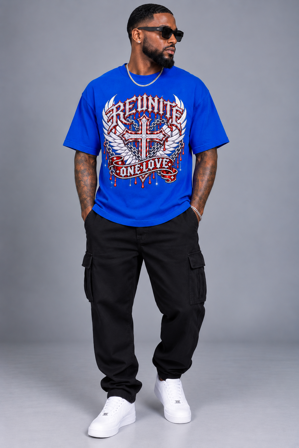Reunite One Love Diamond Cross Wings & Chain   Snow Washed Oversized Cotton T-Shirt