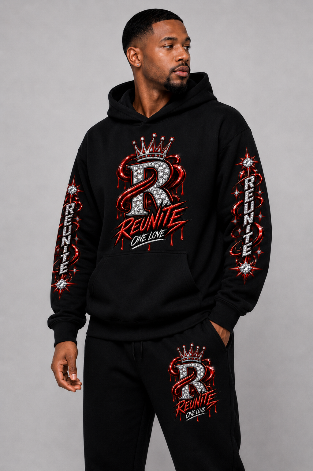 Reunite One Love Crowned Diamond R with Reunite Sleeve   print  Oversize Fleeced Hoodie
