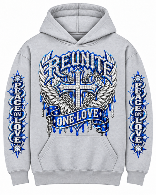 Reunite One Love Diamond Cross & Peace on Love Sleeve  print   pullover  Hoodie.