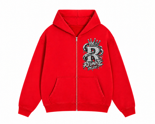 Reunite One Love Crowned R Chest Design    Sunfade Two-way Zipper Boxy Fleece Hoodie