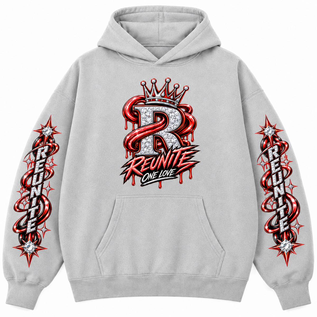 Reunite One Love Crowned Diamond R with Reunite Sleeve   print  Oversize Fleeced Hoodie