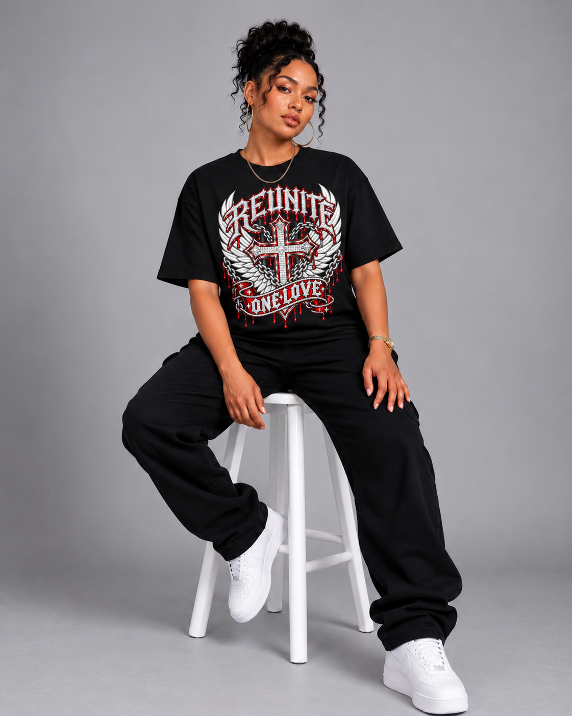 Reunite One Love Diamond Cross Wings & Chain  Drop Shoulder T-Shirt