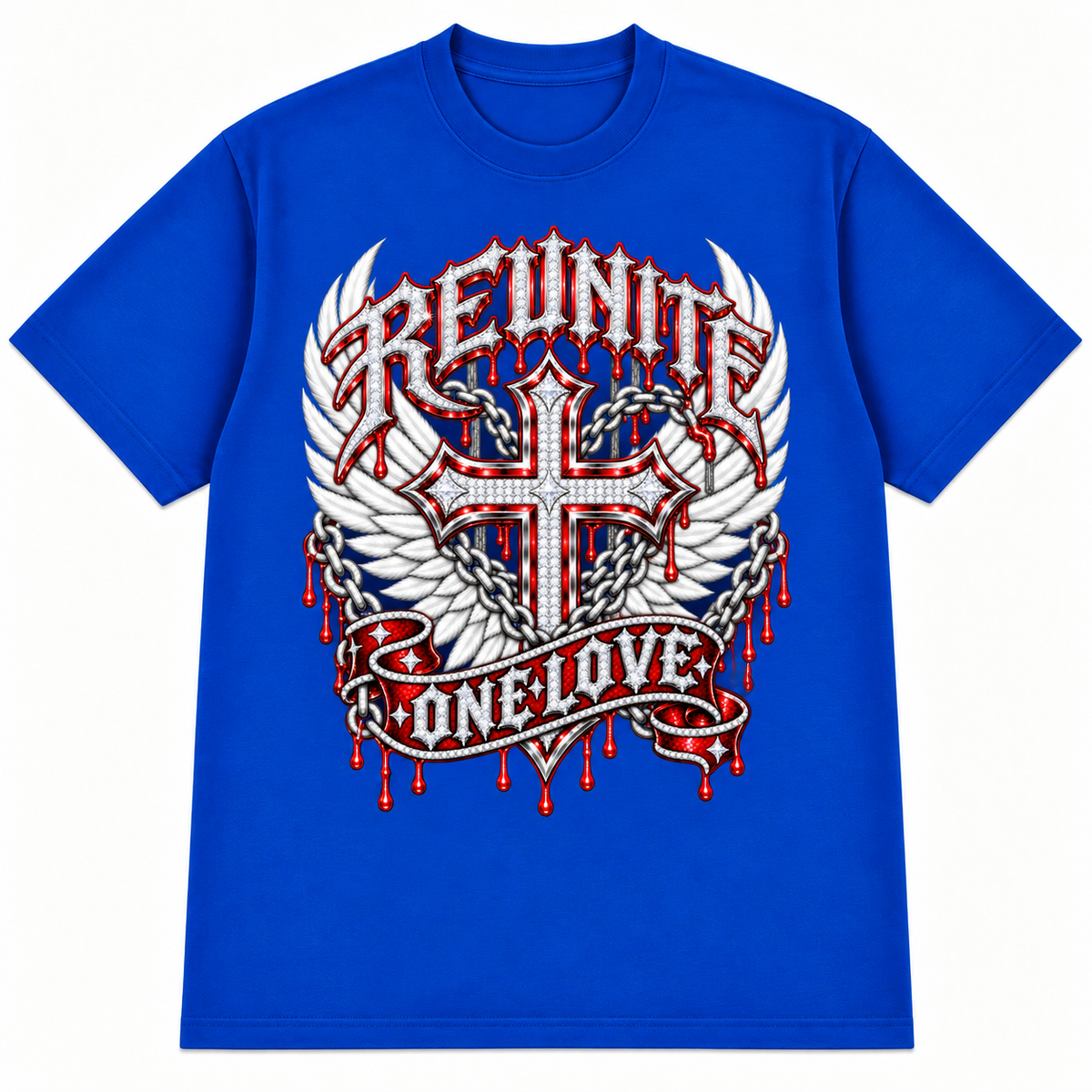 Reunite One Love Diamond Cross Wings & Chain   Snow Washed Oversized Cotton T-Shirt
