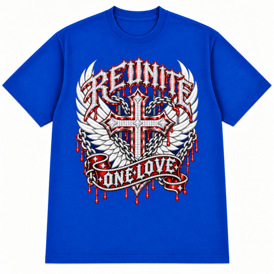 Reunite One Love Diamond Cross Wings & Chain   Snow Washed Oversized Cotton T-Shirt