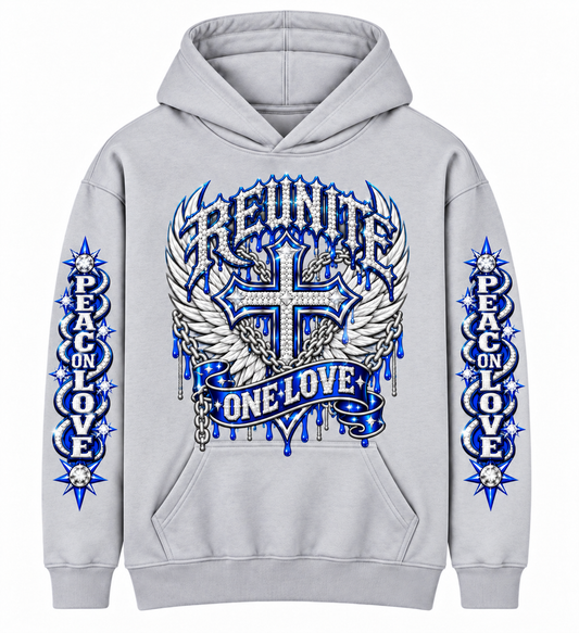 Reunite One Love Diamond Cross & Peace on Love Sleeve  print   pullover  Hoodie.