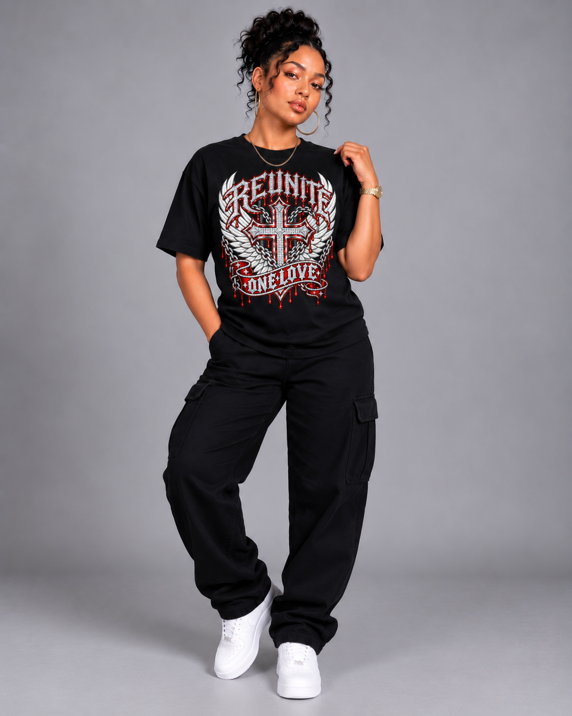Reunite One Love Diamond Cross Wings & Chain  Drop Shoulder T-Shirt