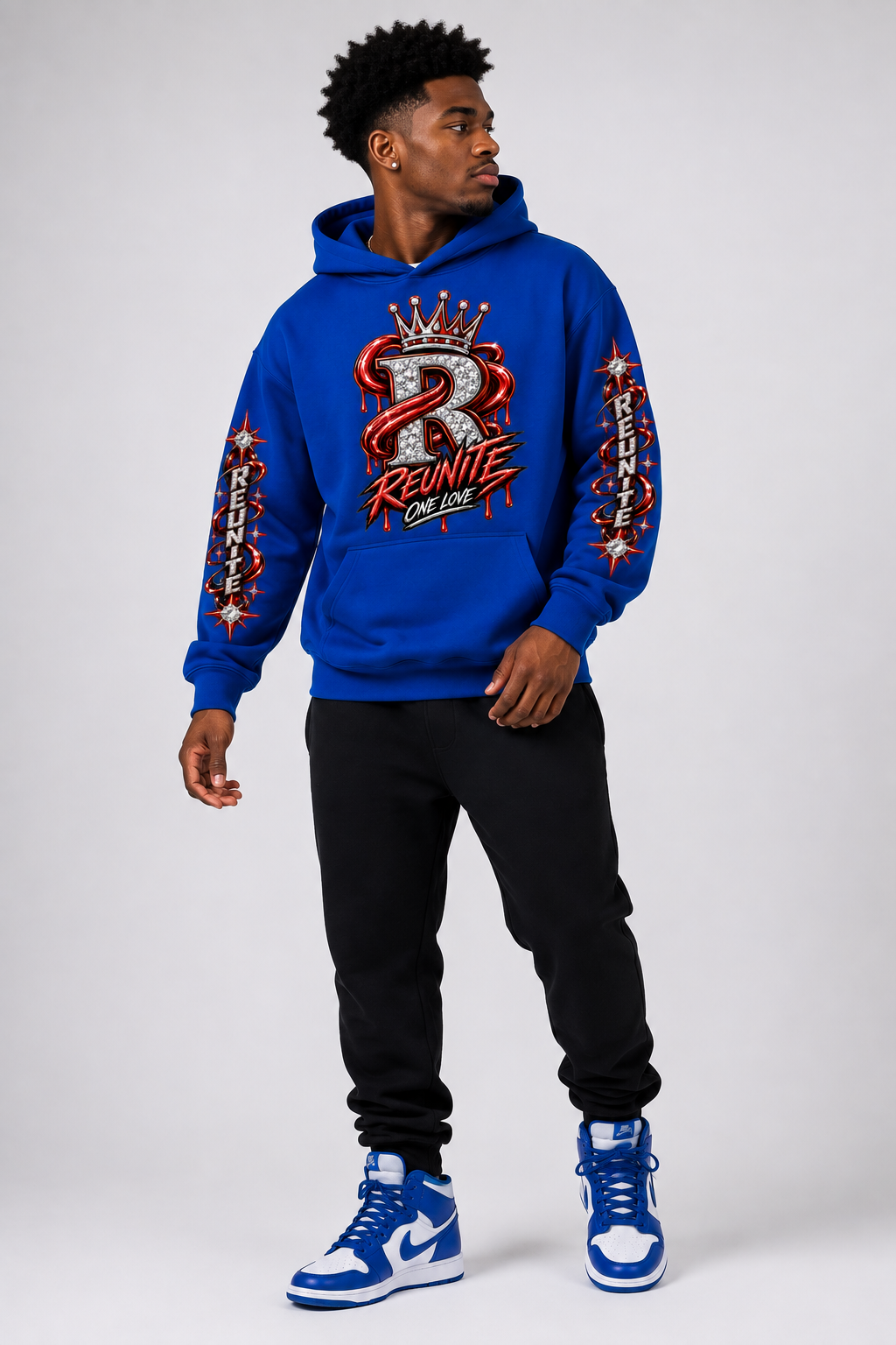 Reunite One Love Crowned Diamond R with Reunite Sleeve   print  Oversize Fleeced Hoodie