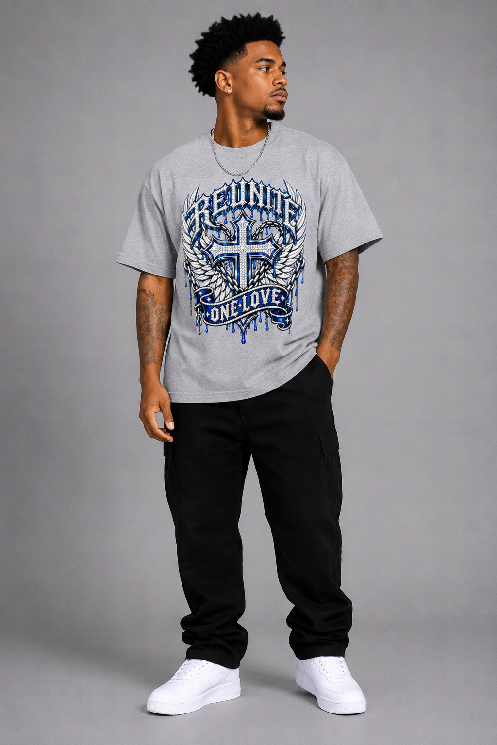 Reunite One Love Diamond Cross Wings & Chain   Snow Washed Oversized Cotton T-Shirt