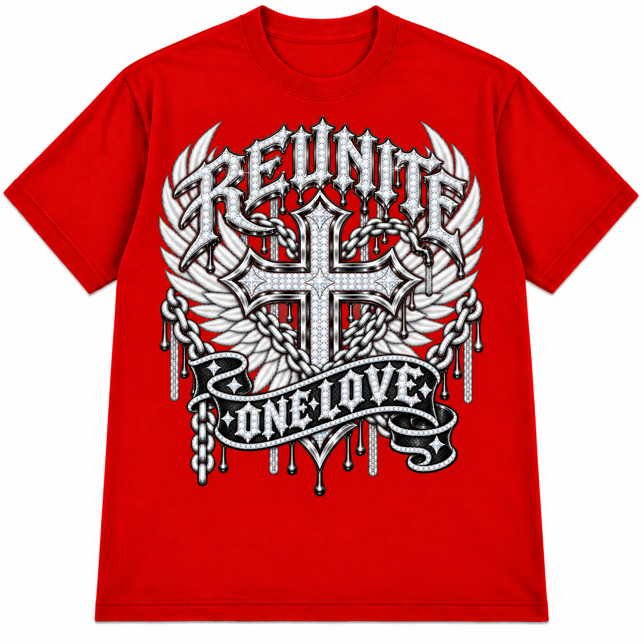 Reunite One Love Diamond Cross Wings & Chain Color red Drop Shoulder T-Shirt