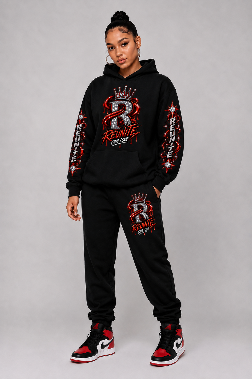 Reunite One Love Crowned Diamond R with Reunite Sleeve   print  Oversize Fleeced Hoodie