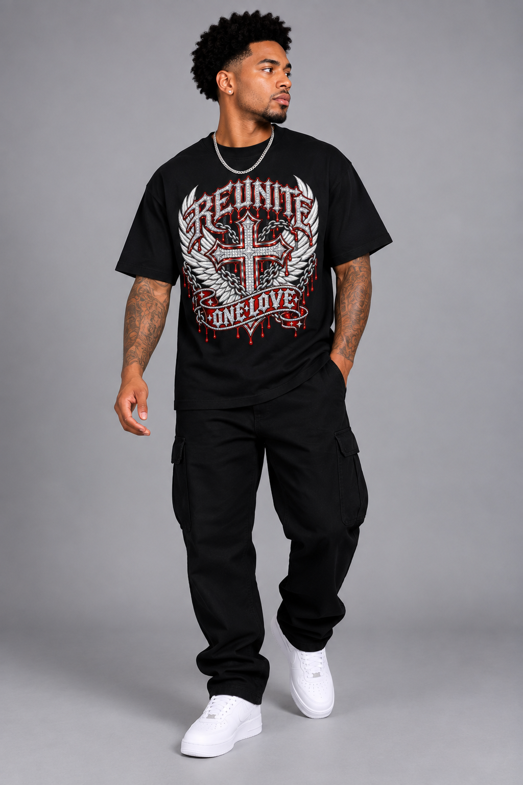 Reunite One Love Diamond Cross Wings & Chain  Drop Shoulder T-Shirt