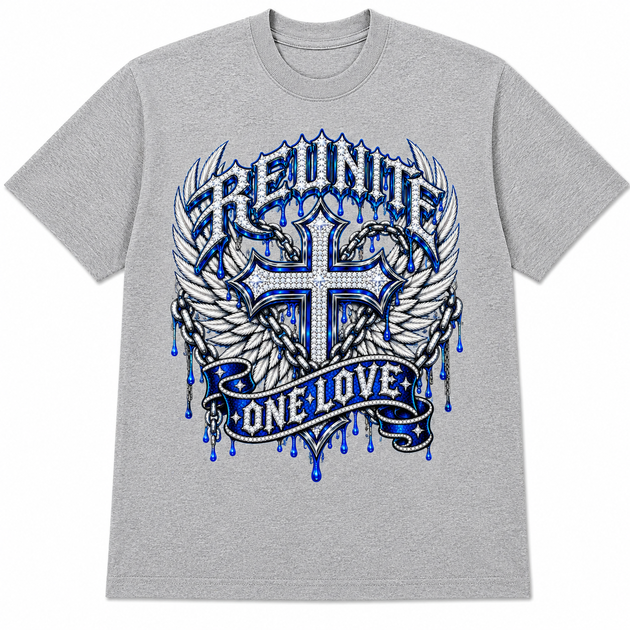 Reunite One Love Diamond Cross Wings & Chain   Snow Washed Oversized Cotton T-Shirt