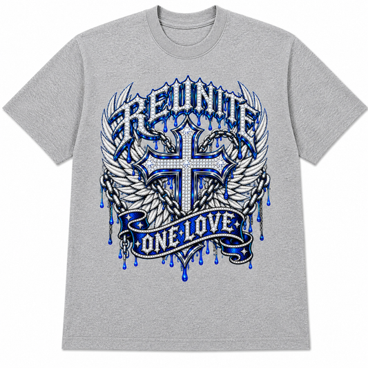 Reunite One Love Diamond Cross Wings & Chain   Snow Washed Oversized Cotton T-Shirt