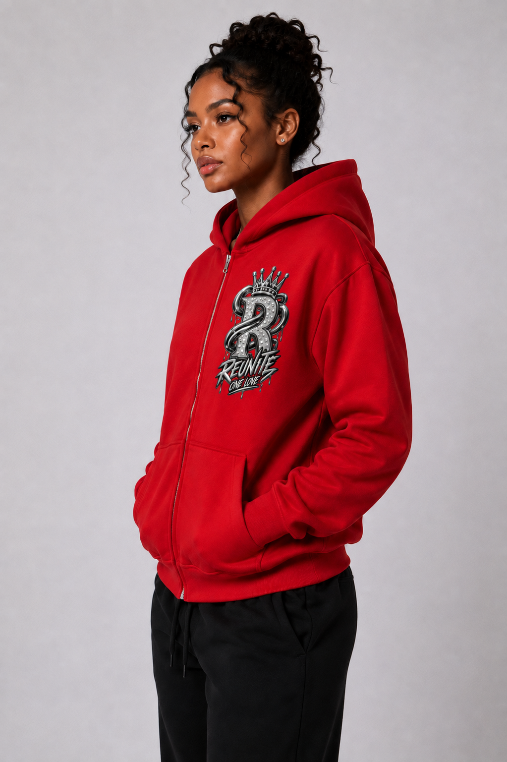 Reunite One Love Crowned R Chest Design    Sunfade Two-way Zipper Boxy Fleece Hoodie