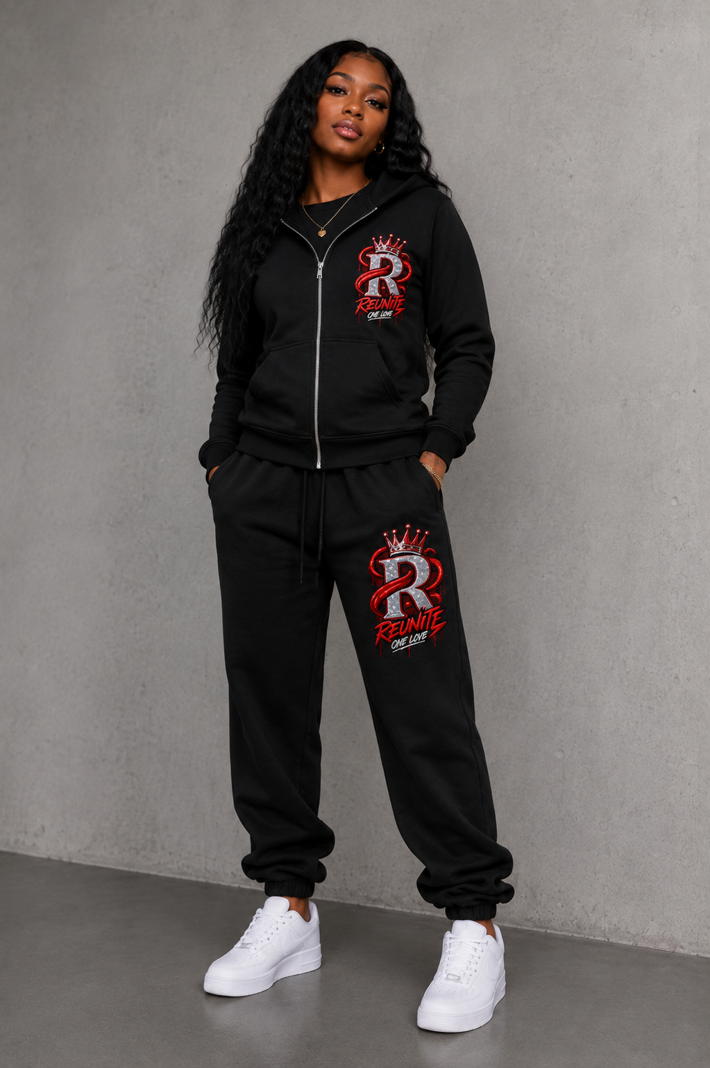 Reunite One Love Crowned R Chest Design  Unisex Drop Shoulder Full Zip Hoodie
