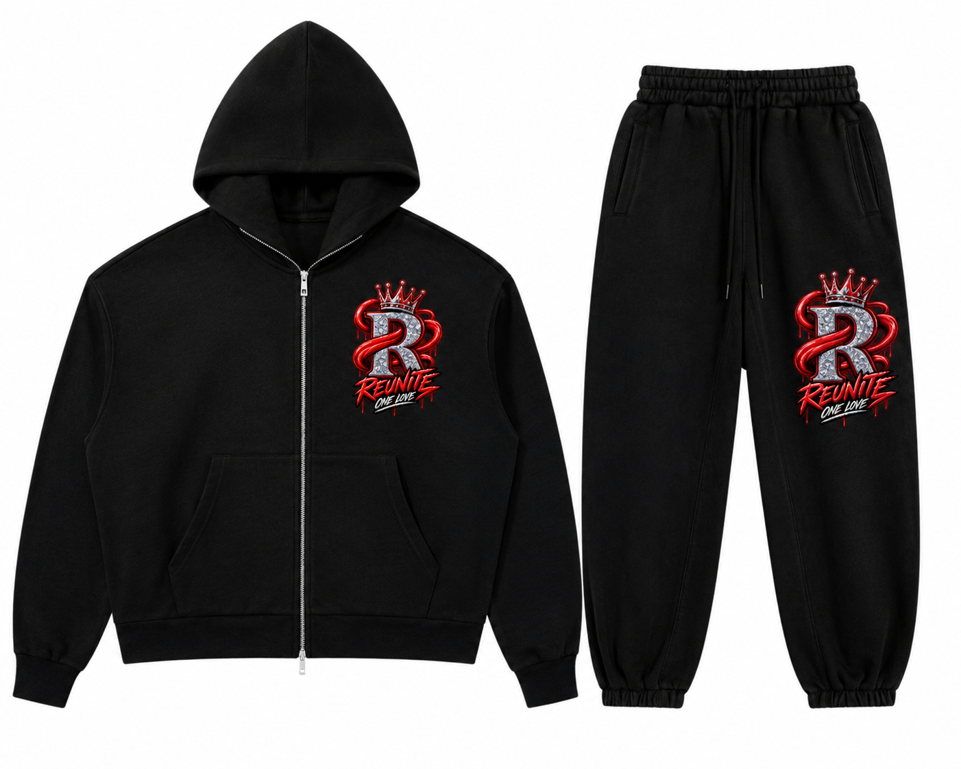 Reunite One Love Crowned R Chest Design  Unisex Drop Shoulder Full Zip Hoodie