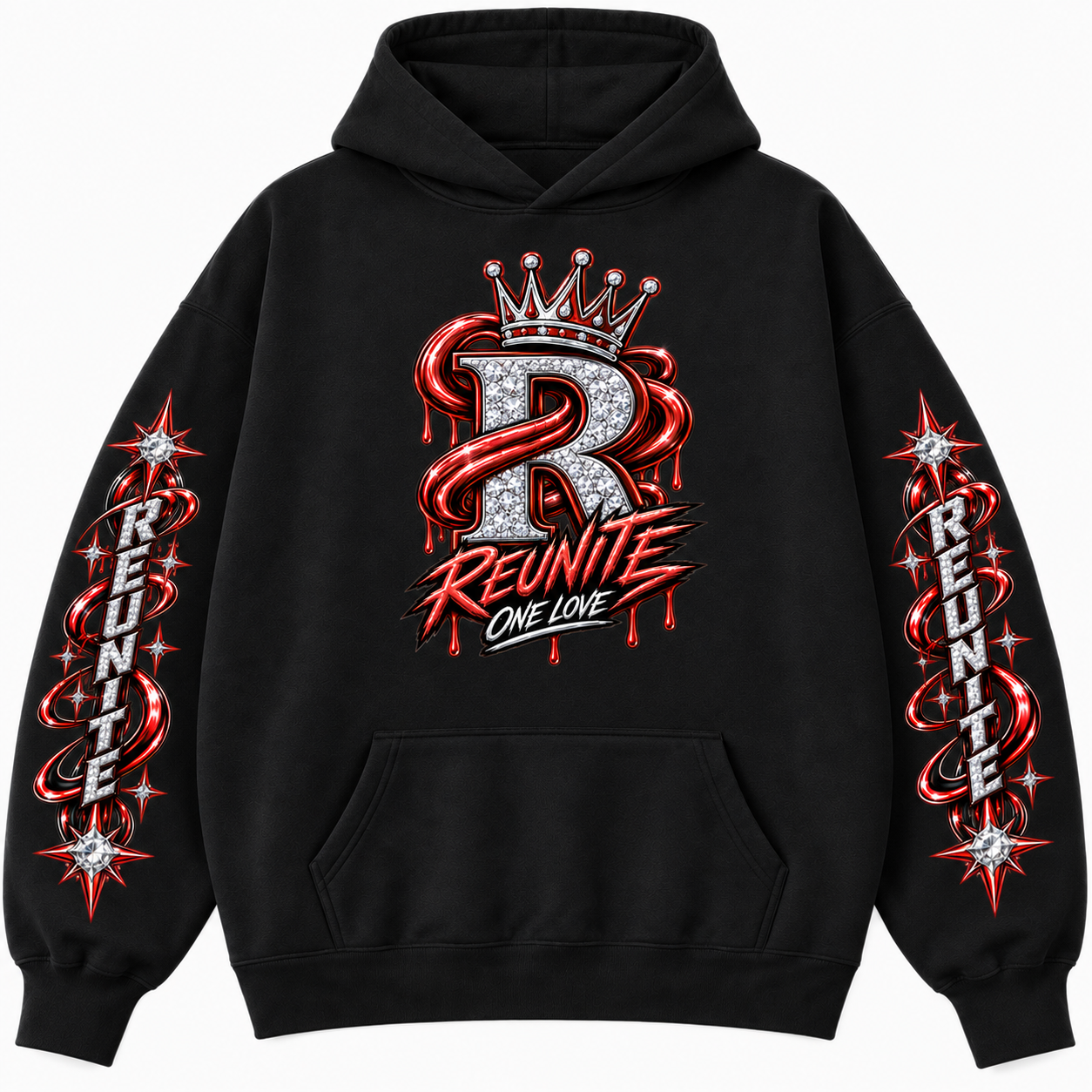 Reunite One Love Crowned Diamond R with Reunite Sleeve   print  Oversize Fleeced Hoodie