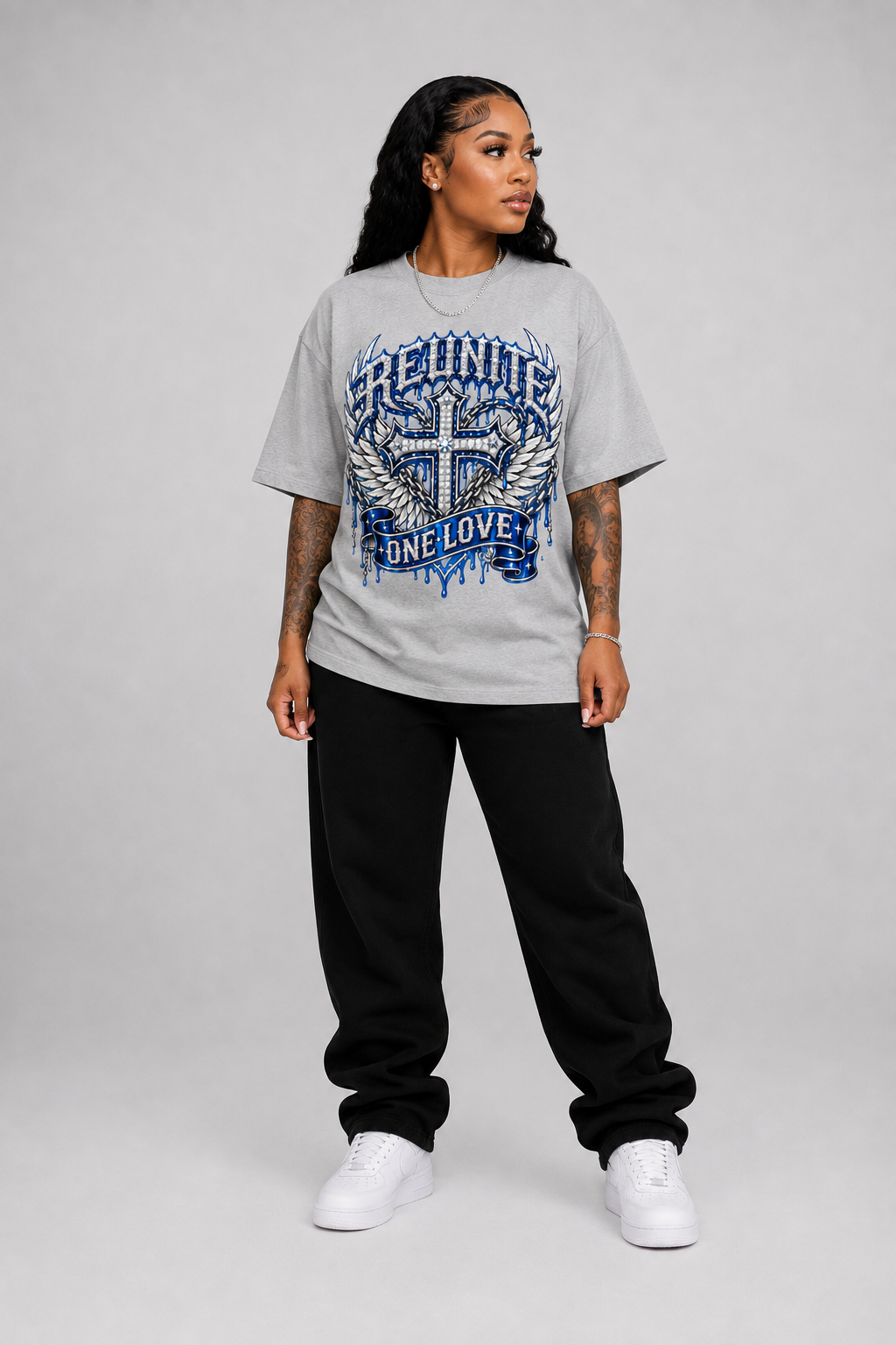 Reunite One Love Diamond Cross Wings & Chain   Snow Washed Oversized Cotton T-Shirt