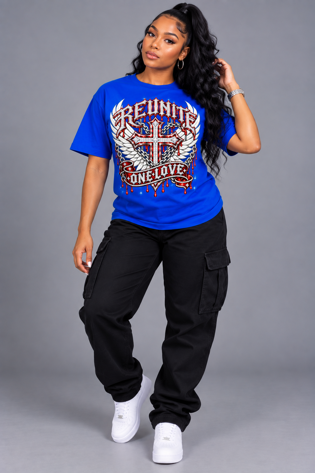 Reunite One Love Diamond Cross Wings & Chain   Snow Washed Oversized Cotton T-Shirt