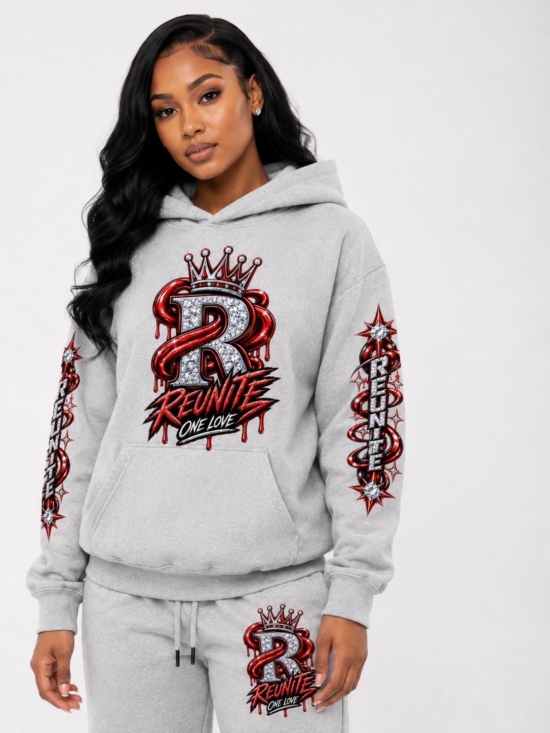 Reunite One Love Crowned Diamond R with Reunite Sleeve   print  Oversize Fleeced Hoodie