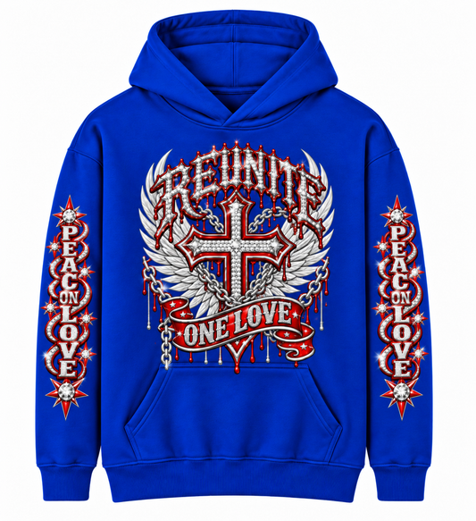 Reunite One Love Diamond Cross & Peace on Love Sleeve  print   pullover  Hoodie.