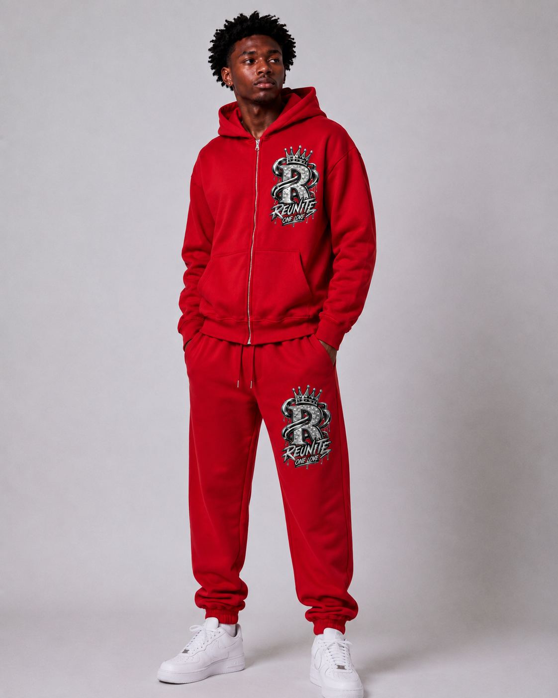 Reunite One Love Crowned R Chest Design    Sunfade Two-way Zipper Boxy Fleece Hoodie