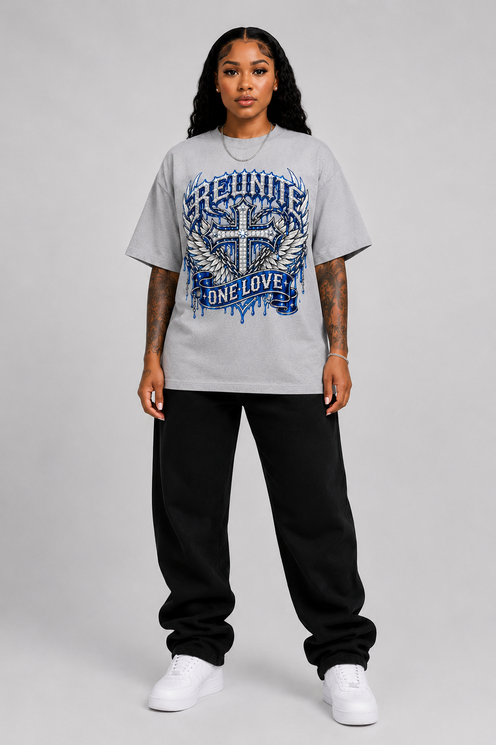 Reunite One Love Diamond Cross Wings & Chain   Snow Washed Oversized Cotton T-Shirt