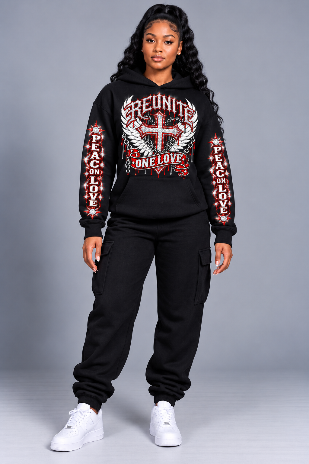 Reunite One Love Diamond Cross & Peace on Love Sleeve  print   pullover  Hoodie.