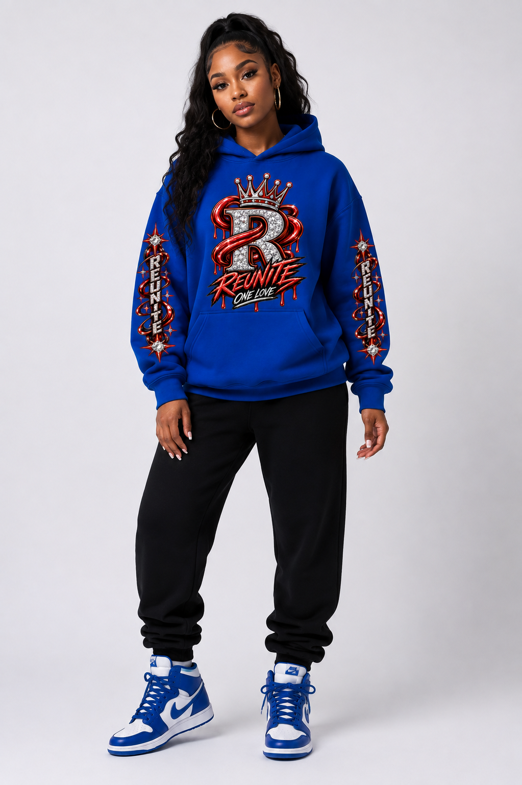 Reunite One Love Crowned Diamond R with Reunite Sleeve   print  Oversize Fleeced Hoodie