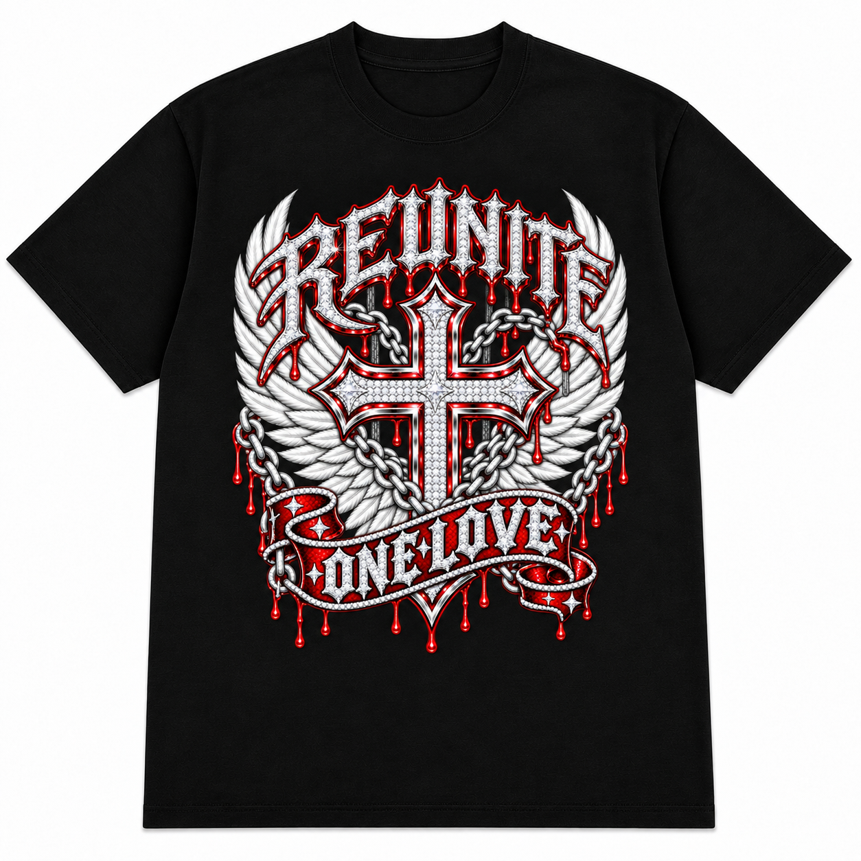 Reunite One Love Diamond Cross Wings & Chain  Drop Shoulder T-Shirt