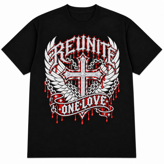 Reunite One Love Diamond Cross Wings & Chain  Drop Shoulder T-Shirt